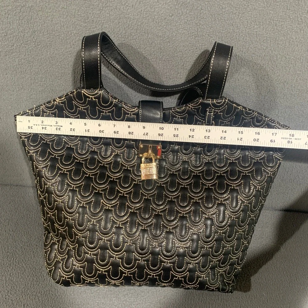 True Religion Black Horseshoe Quilted Tote Bag Gold Rhinestone Padlock‎ Large